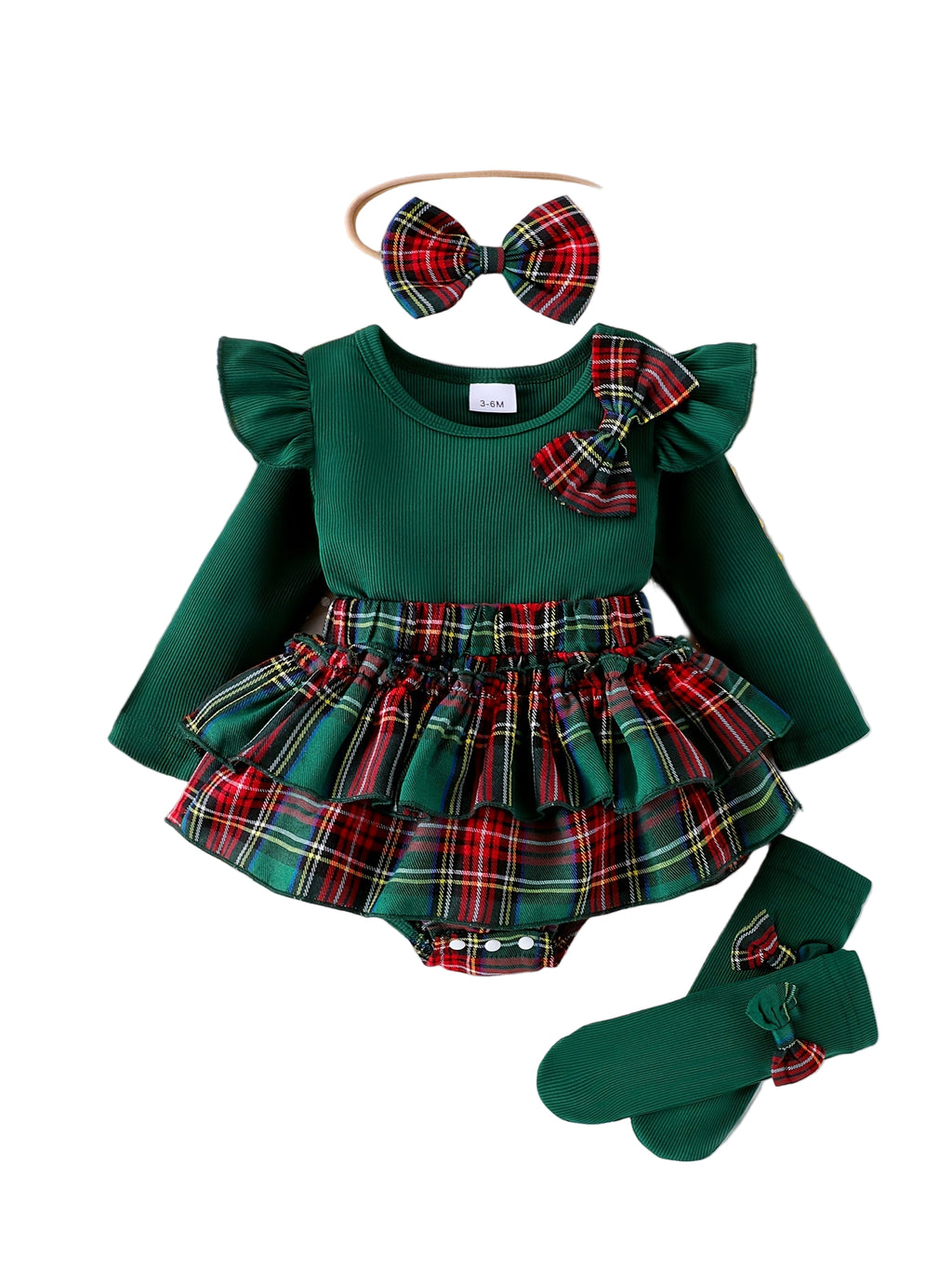 Set Fashion pentru Fetițe – Bluziță Verde din Tricot și Fustiță în Carouri cu Fundițe și Bentiță Asortată