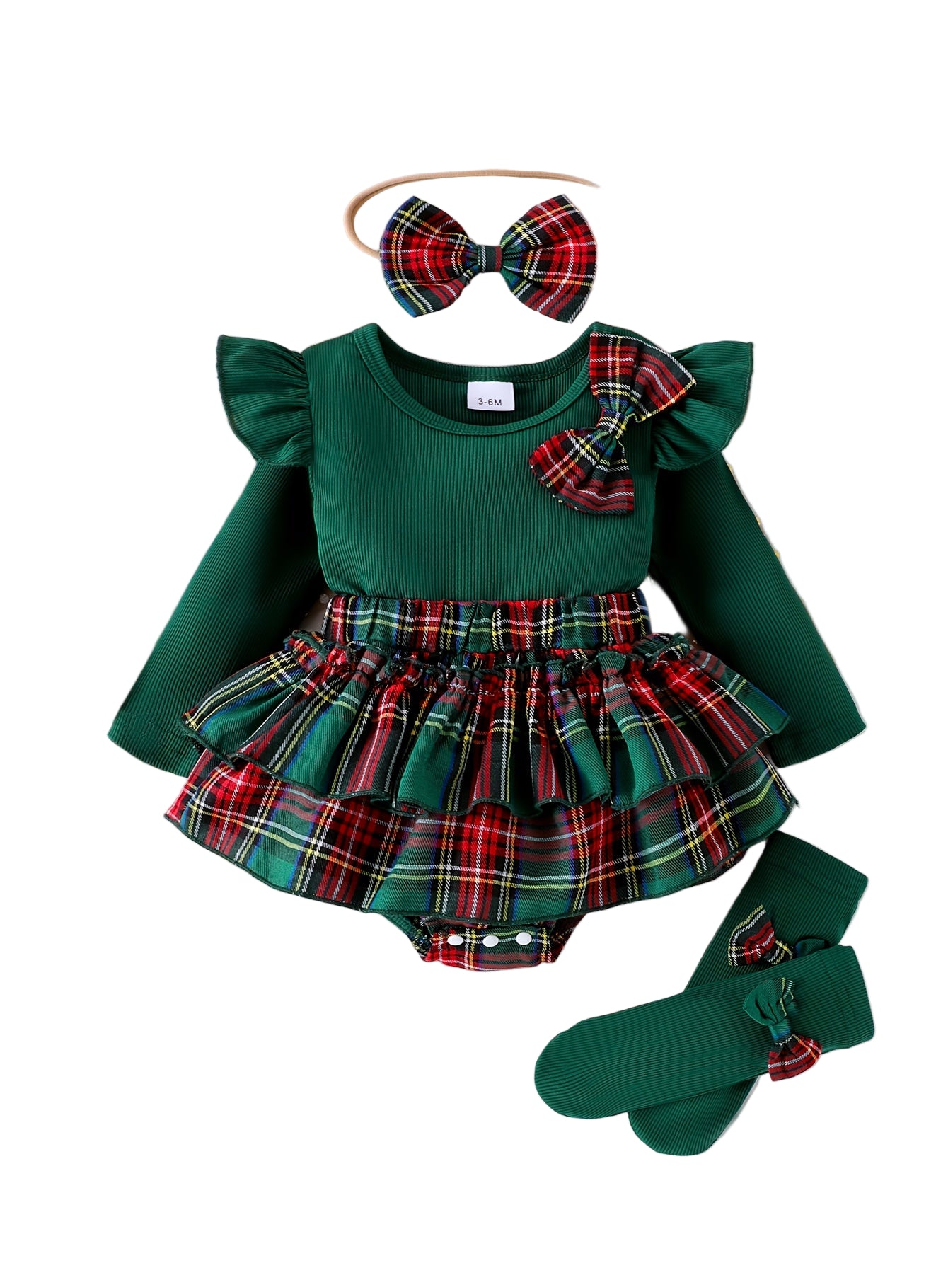 Set Fashion pentru Fetițe – Bluziță Verde din Tricot și Fustiță în Carouri cu Fundițe și Bentiță Asortată
